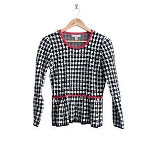 Banana Republic Houndstooth Peplum Sweater Black White Red Small